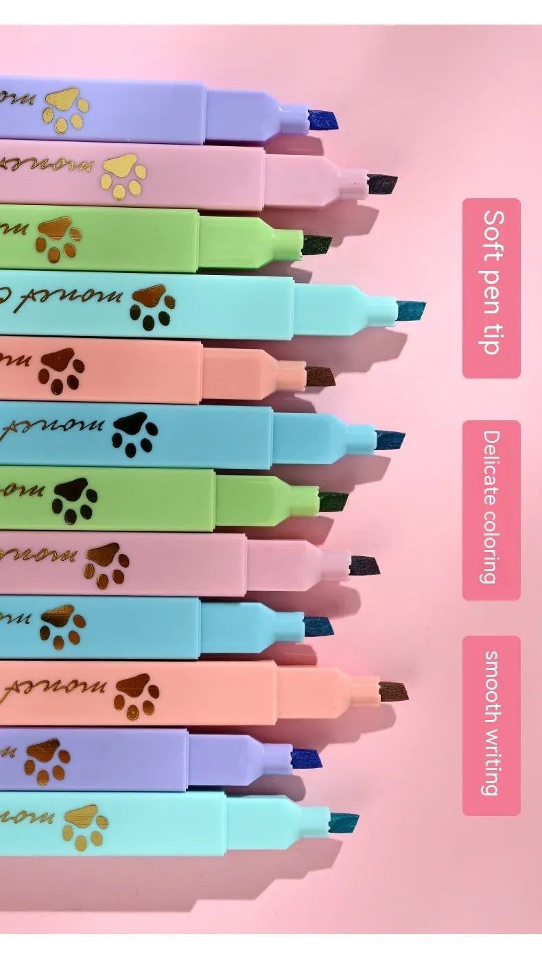 Cat's Paw set of six fluorescent marking pens with oblique heads in a box.