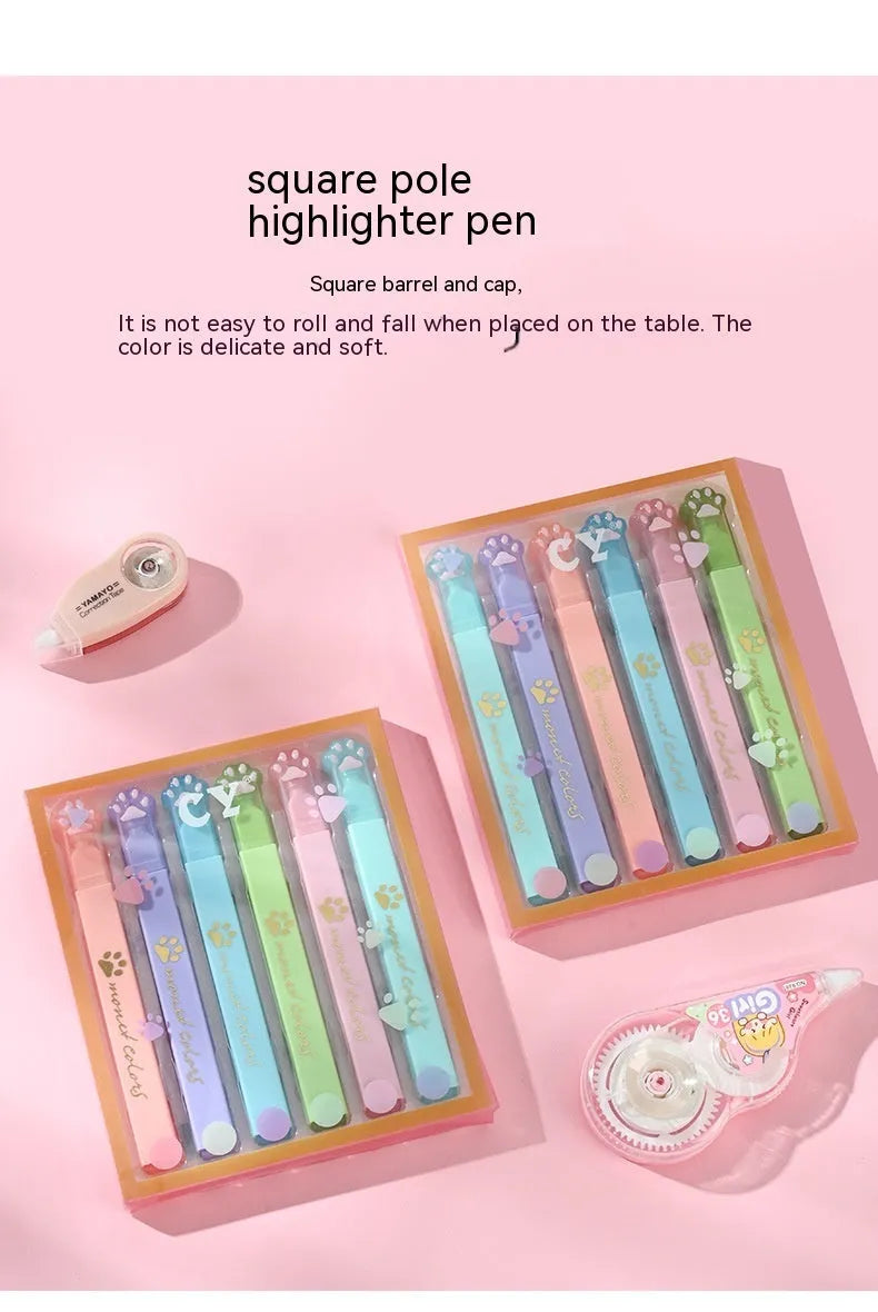 Cat's Paw set of six fluorescent marking pens with oblique heads in a box.