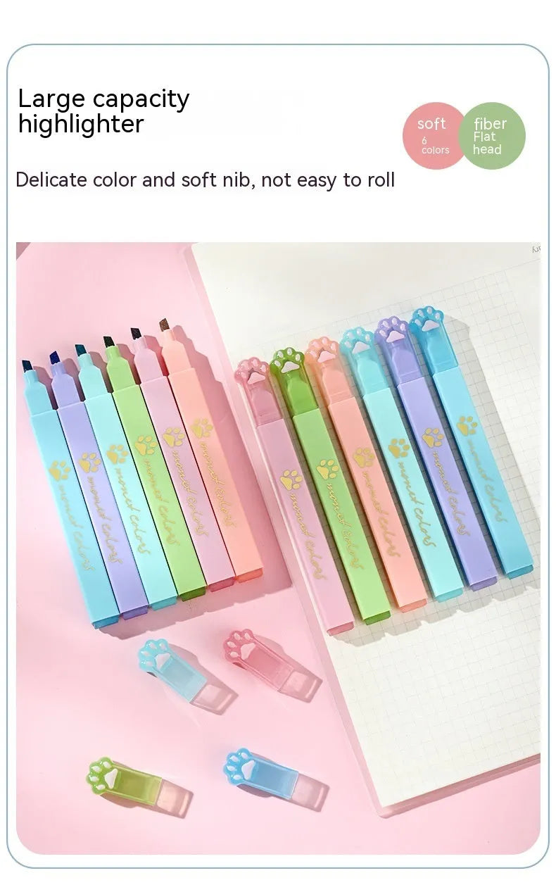 Cat's Paw set of six fluorescent marking pens with oblique heads in a box.