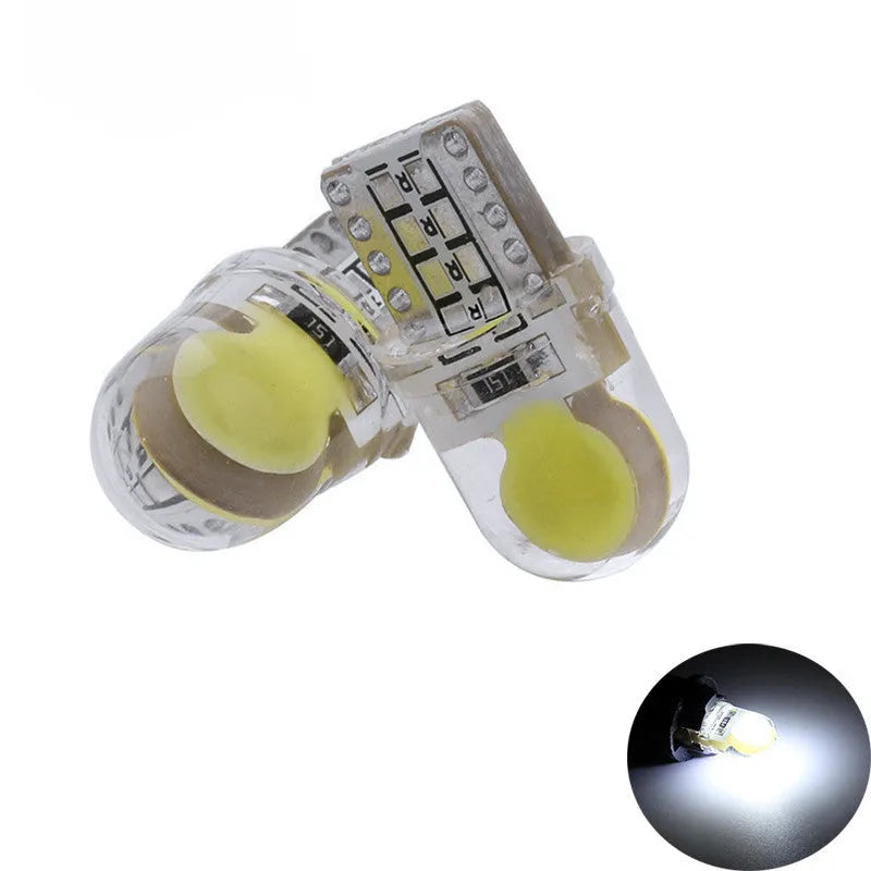 Ten T10 wedge base LED bulbs with silicone housing in a pack, showing multiple colour options