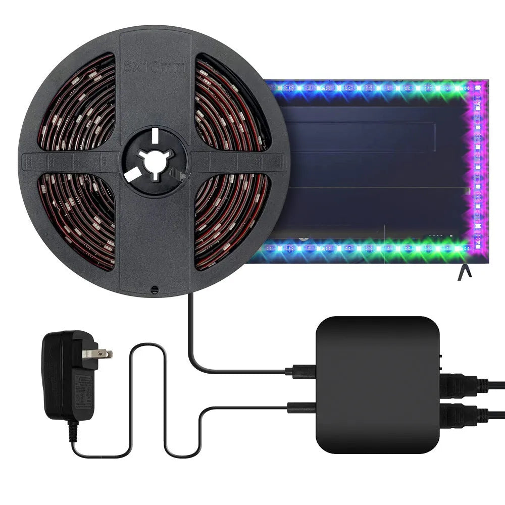 Smart LED light strip with graffiti pattern for TV backlighting, showing smartphone app control interface.