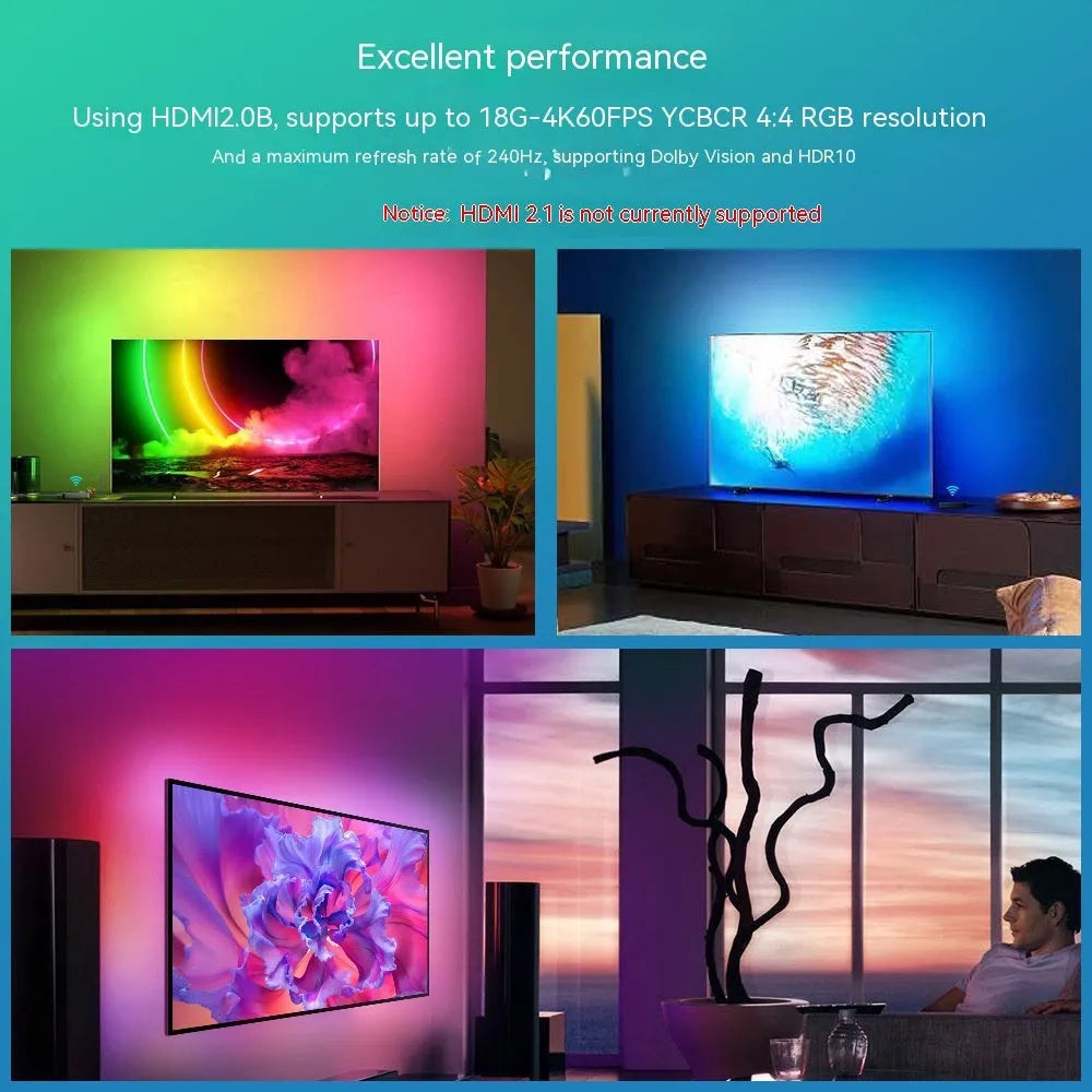 Smart LED light strip with graffiti pattern for TV backlighting, showing smartphone app control interface.