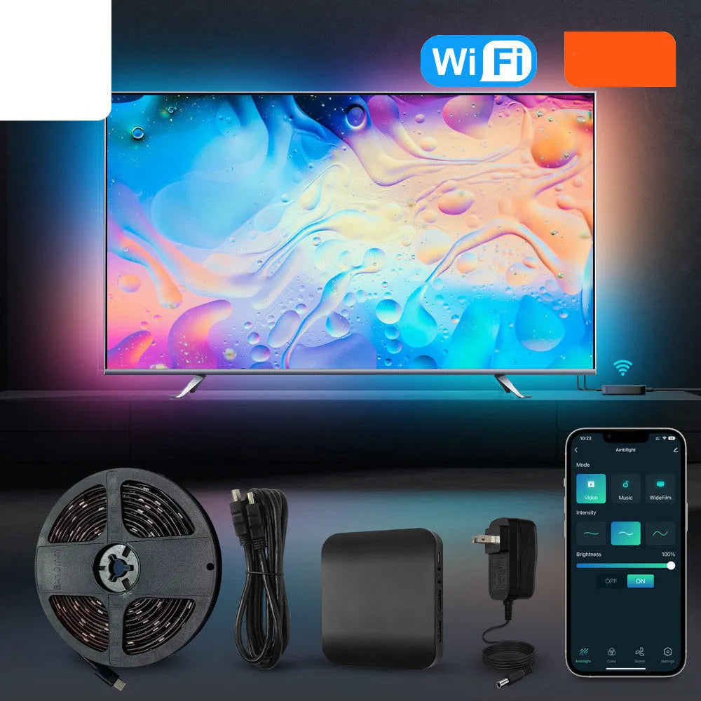 Smart LED light strip with graffiti pattern for TV backlighting, showing smartphone app control interface.
