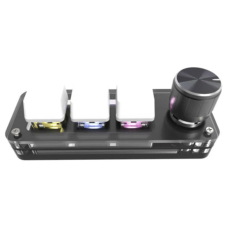 Black programmable macro keypad with RGB backlit keys and USB cable
