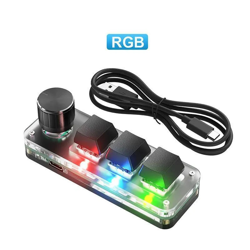 Black programmable macro keypad with RGB backlit keys and USB cable