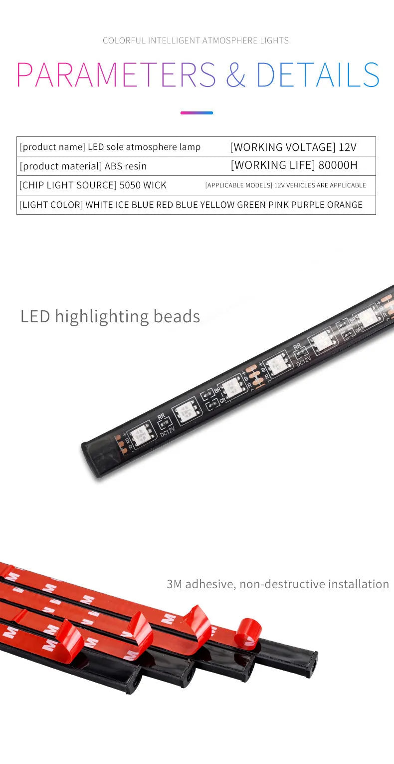 Boxed car interior LED atmosphere light kit with voice control and USB cable for APP connection.