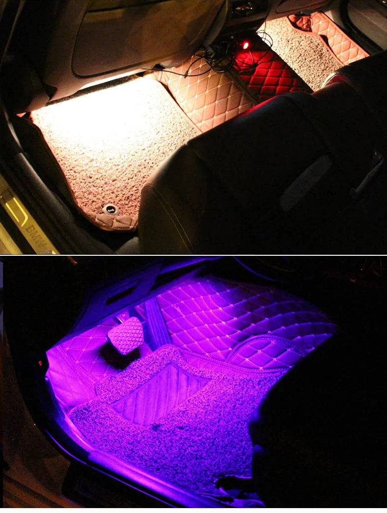Boxed car interior LED atmosphere light kit with voice control and USB cable for APP connection.