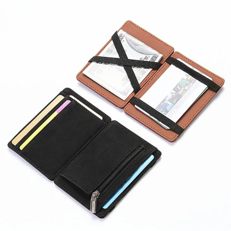 PU leather Magic Wallet in multiple colours, showing flip card holder and zipper coin compartment.