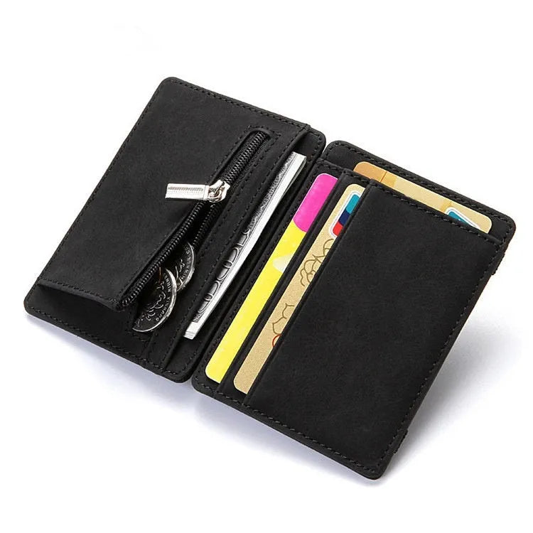PU leather Magic Wallet in multiple colours, showing flip card holder and zipper coin compartment.