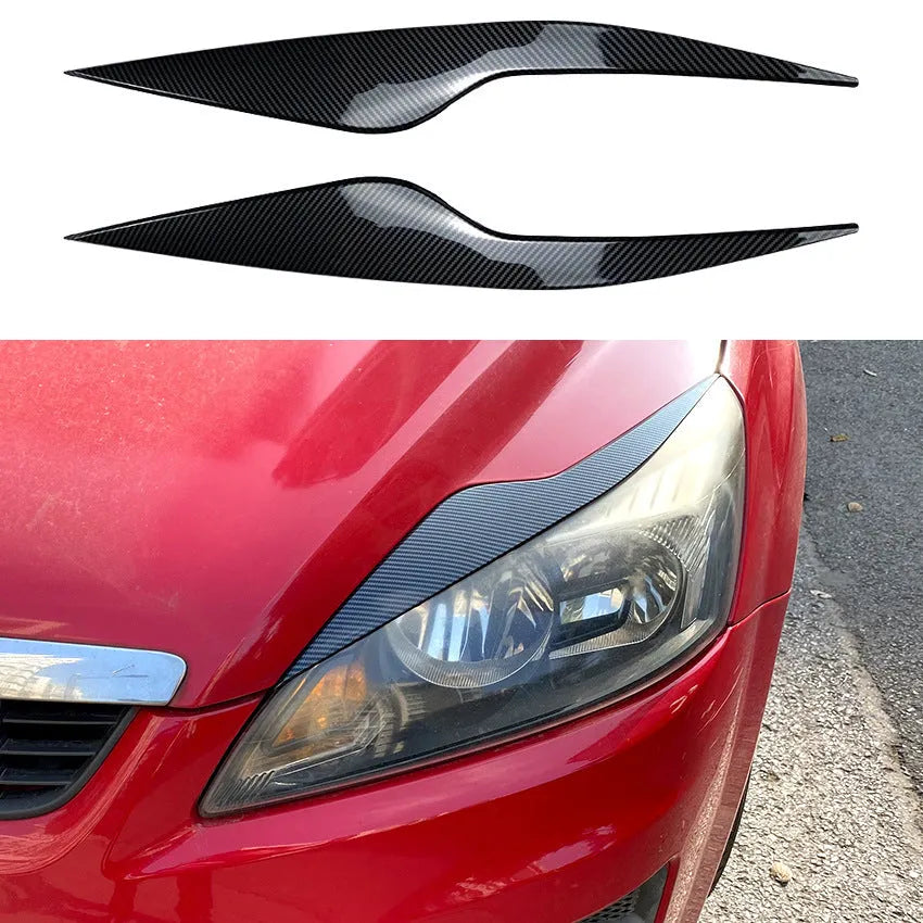 Ford Focus headlight eyebrow stickers in carbon fibre pattern or piano black ABS plastic