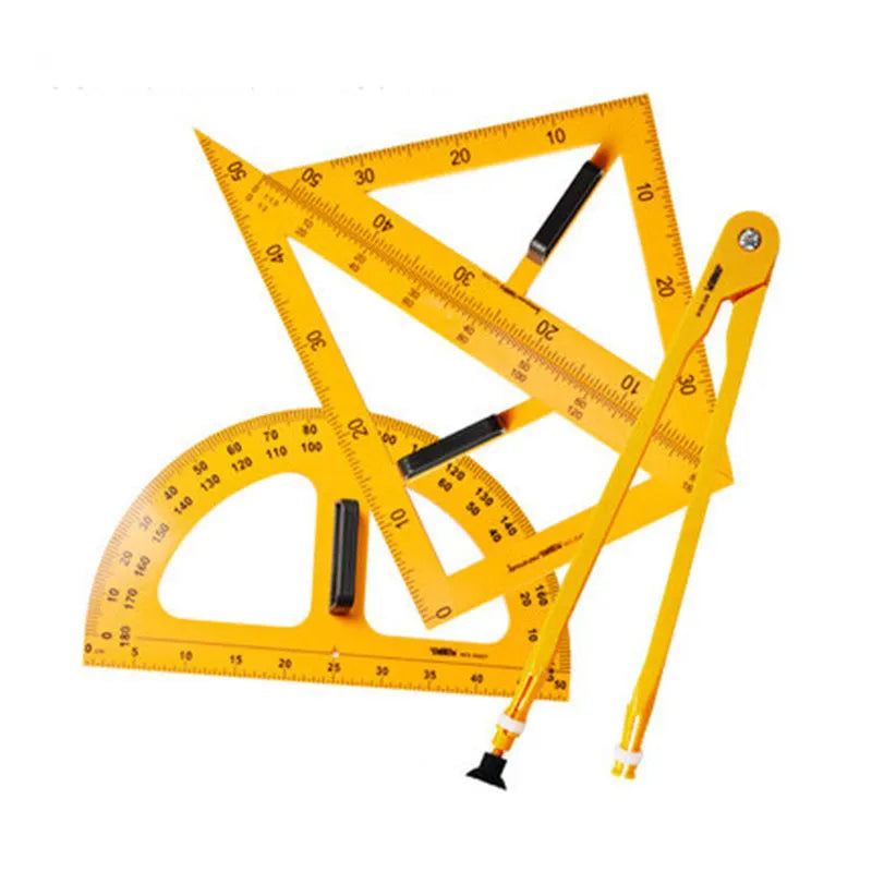 Orange and black mathematics teaching set with triangle rulers, protractor and chalk compass