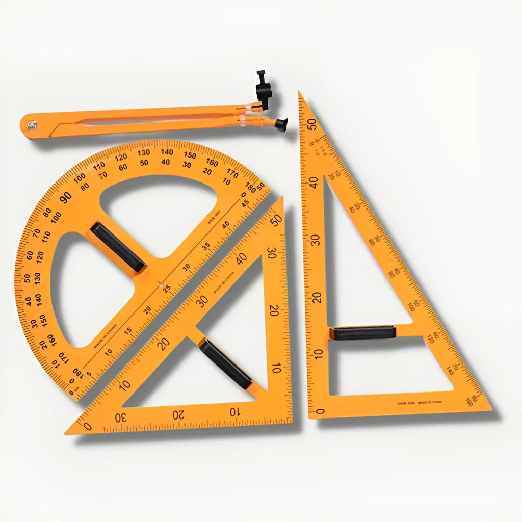 Orange and black mathematics teaching set with triangle rulers, protractor and chalk compass