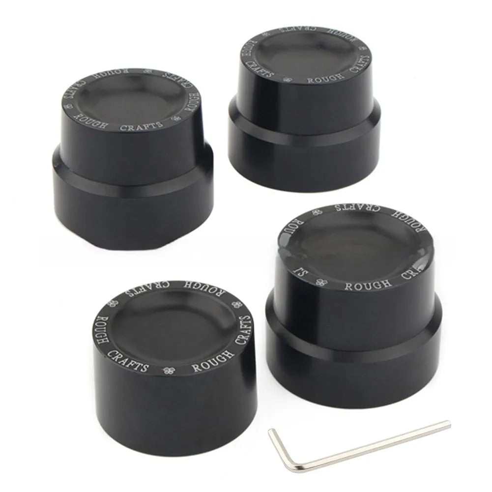 Black CNC aluminium front and rear axle decorative cap covers for Harley Sportster motorcycle.