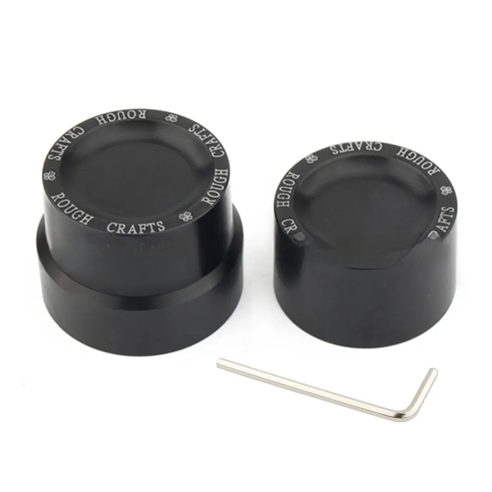 Black CNC aluminium front and rear axle decorative cap covers for Harley Sportster motorcycle.