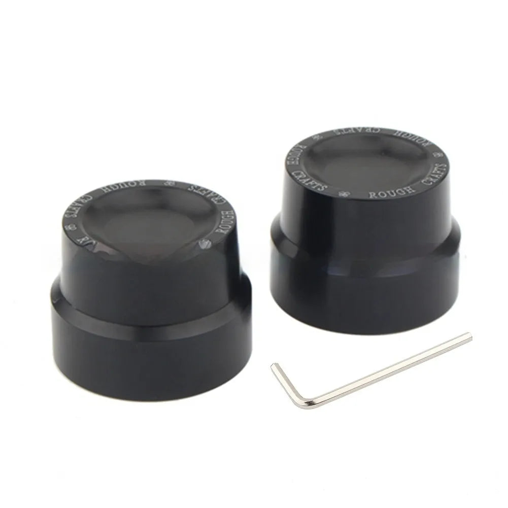 Black CNC aluminium front and rear axle decorative cap covers for Harley Sportster motorcycle.