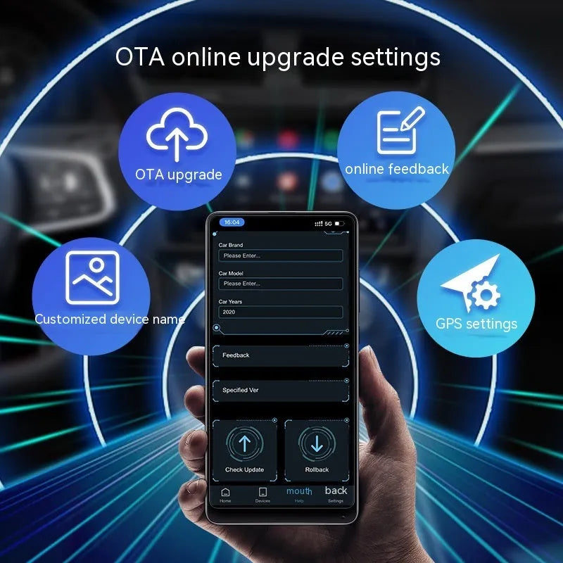 Car audio and video entertainment box converting wired connections to wireless streaming with 2Air technology