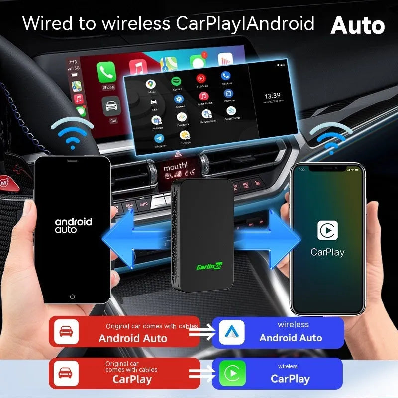 Car audio and video entertainment box converting wired connections to wireless streaming with 2Air technology