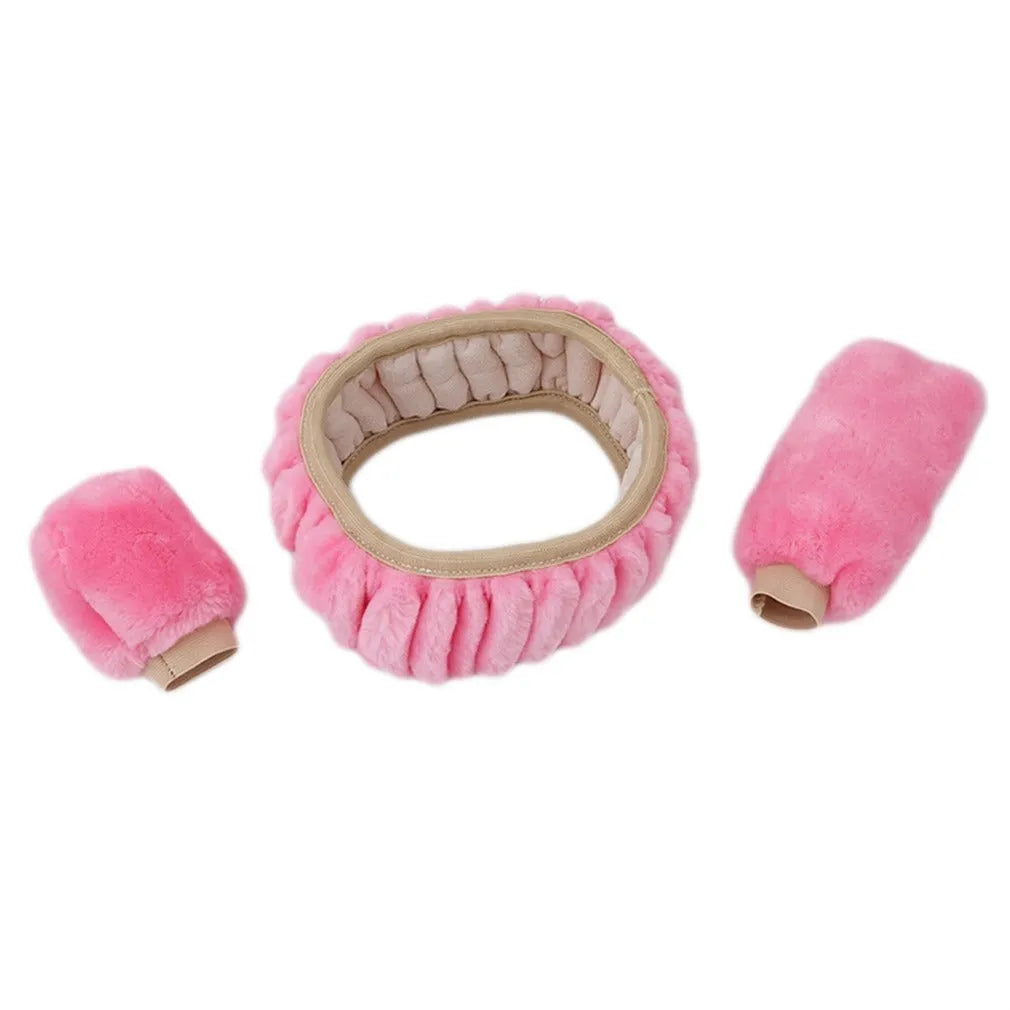 Plush car steering wheel cover set with brake handle and gear shift covers in six colour options.