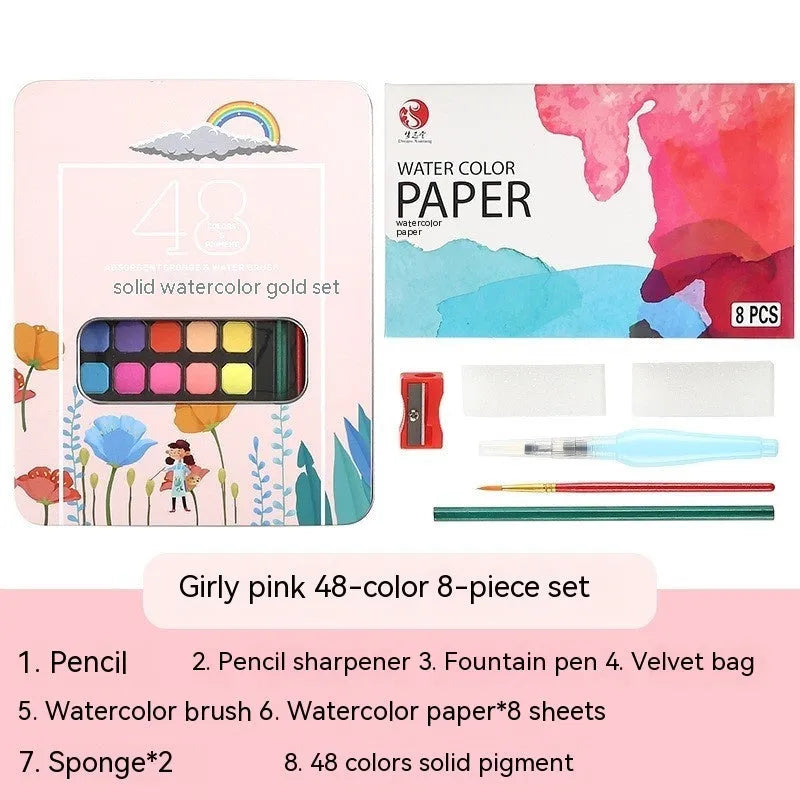 Box of 48 solid watercolour paint blocks for gouache, showing colours including Black Knight, Girl Pink, and Sunshine Blue.