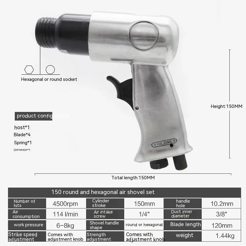 Industrial air hammer tool with brake pad removal air pick and hex handle configuration