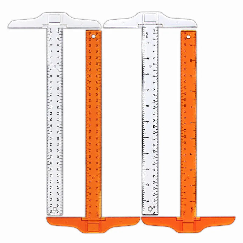 Orange or transparent plastic T-square ruler with dual measurement scales for technical drawing