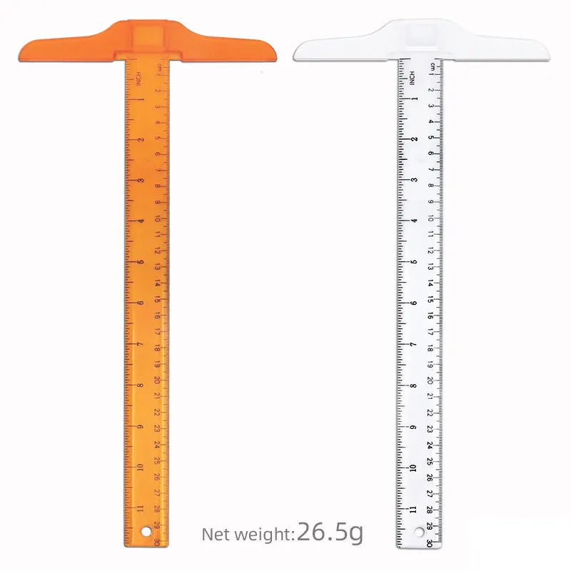 Orange or transparent plastic T-square ruler with dual measurement scales for technical drawing