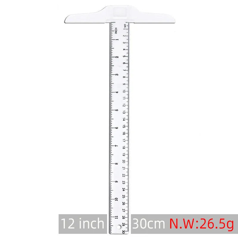 Orange or transparent plastic T-square ruler with dual measurement scales for technical drawing