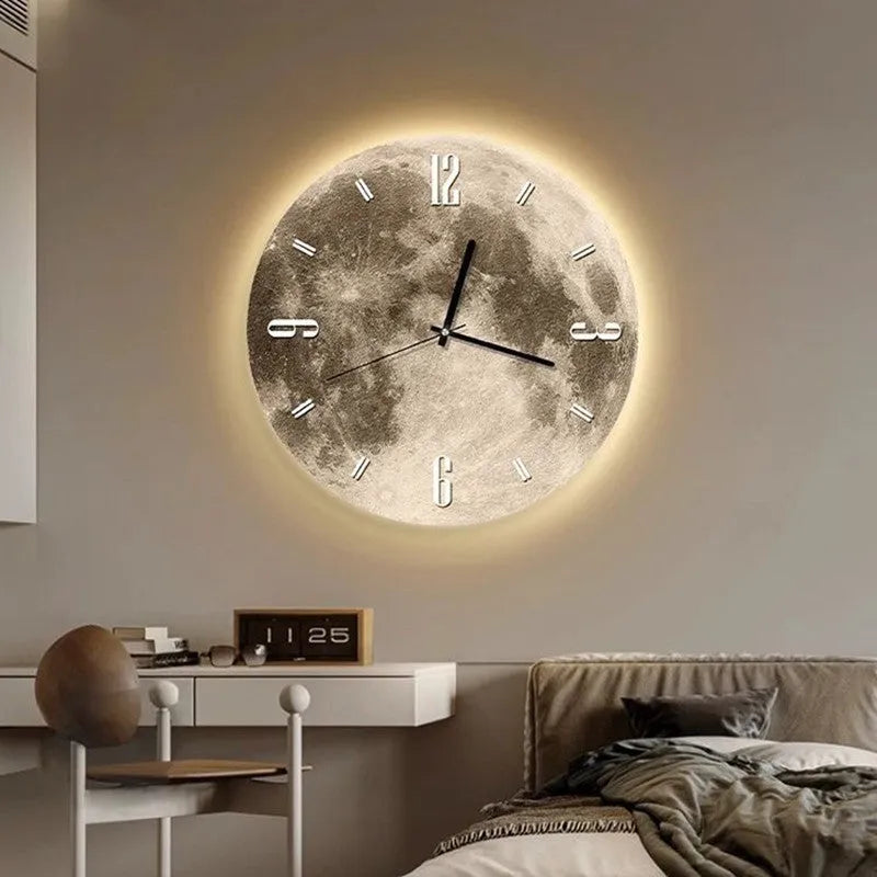 Modern wall clock with optional LED backlight in 30cm, 40cm, or 50cm diameters on a wall.