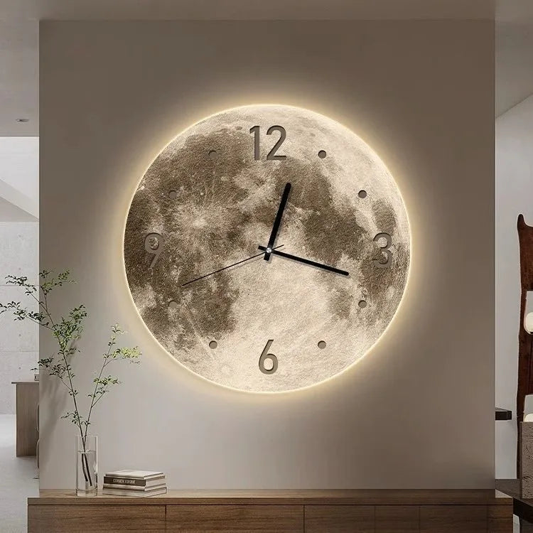 Modern wall clock with optional LED backlight in 30cm, 40cm, or 50cm diameters on a wall.