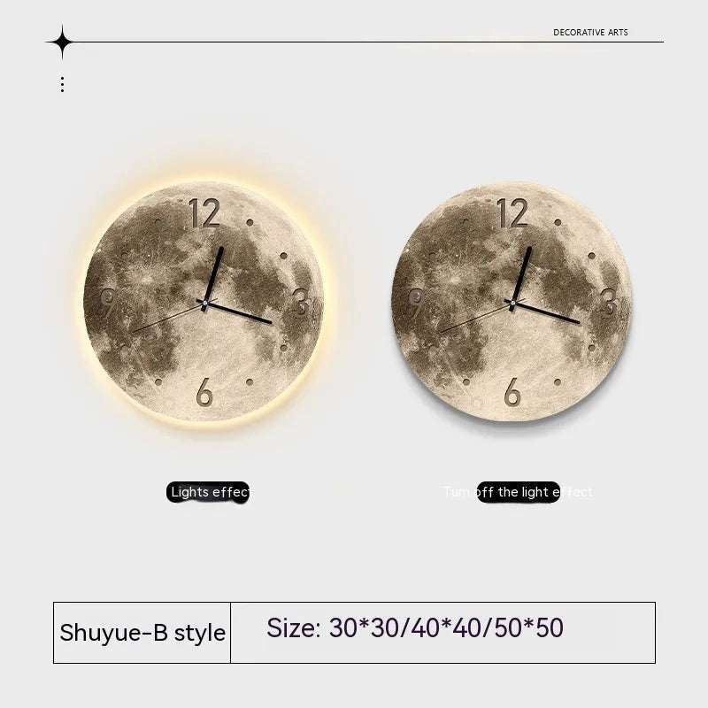 Modern wall clock with optional LED backlight in 30cm, 40cm, or 50cm diameters on a wall.