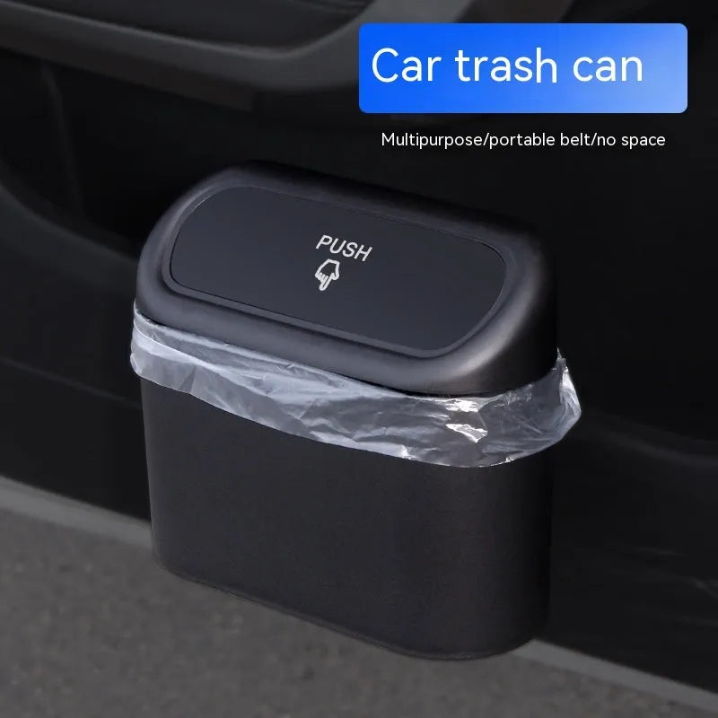 Black car seat mounted folding trash can with waterproof plastic construction