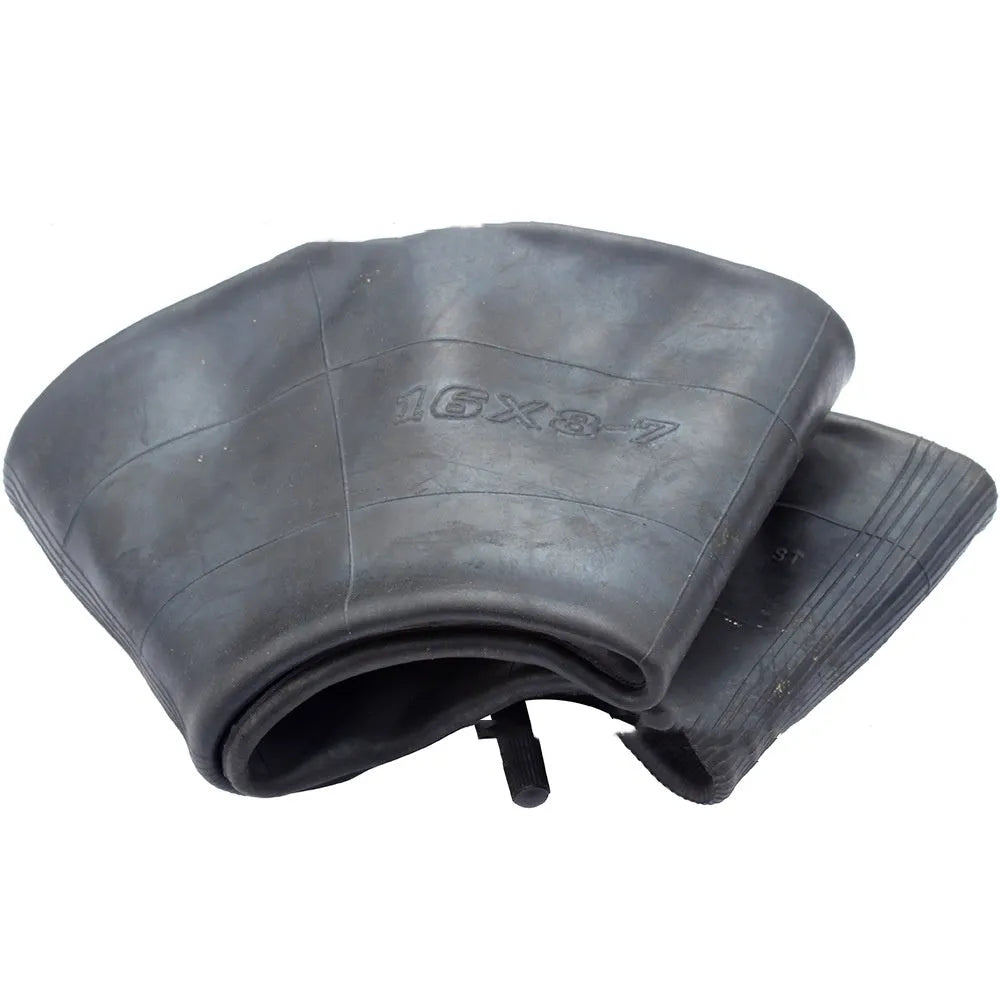 Two black rubber 16x8.00-7 inner tubes with TR13 straight valve stems and dust caps.