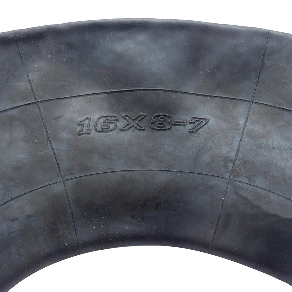 Two black rubber 16x8.00-7 inner tubes with TR13 straight valve stems and dust caps.