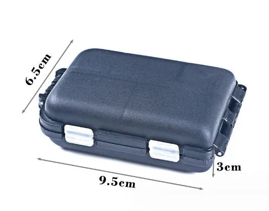 Black plastic fishing tackle storage box with a 10-grid interior for small hooks and lures.