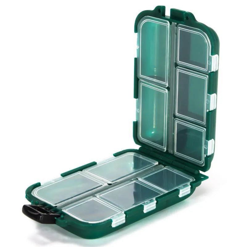 Black plastic fishing tackle storage box with a 10-grid interior for small hooks and lures.