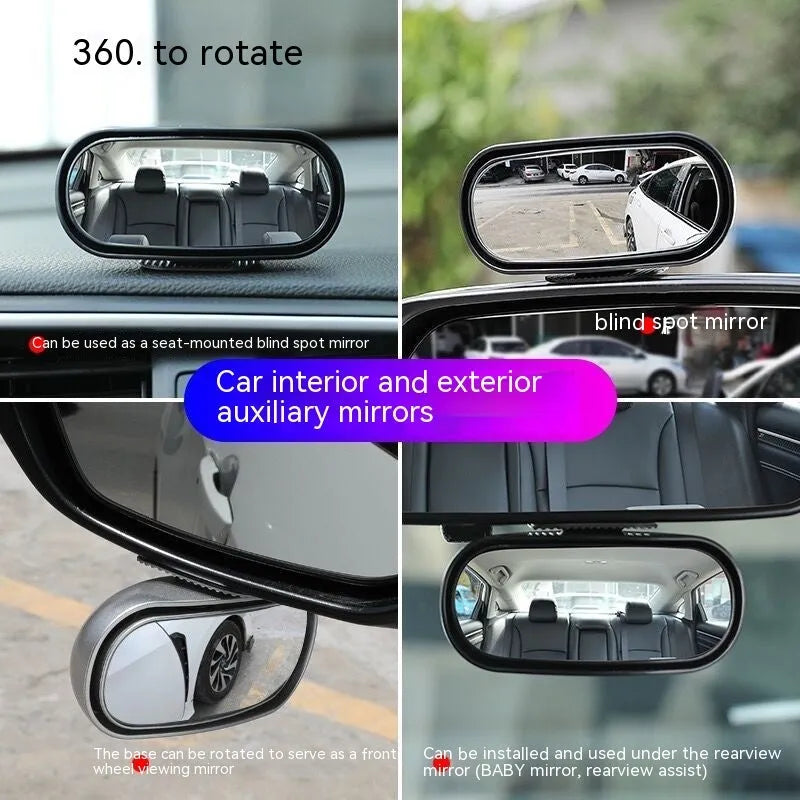 Black universal car rearview mirror with 360-degree rotation showing suction cup mounting option