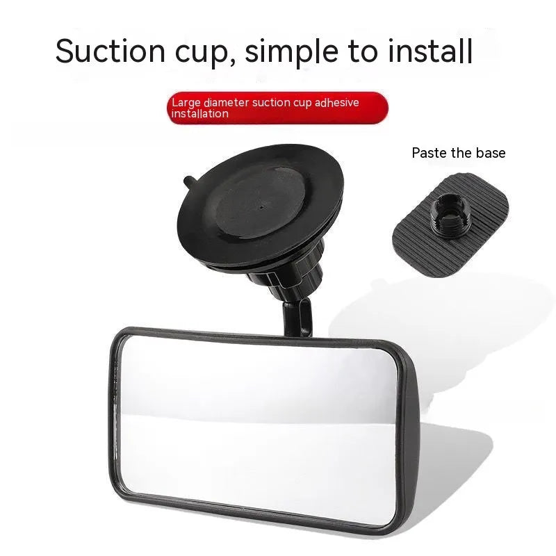 Black universal car rearview mirror with 360-degree rotation showing suction cup mounting option