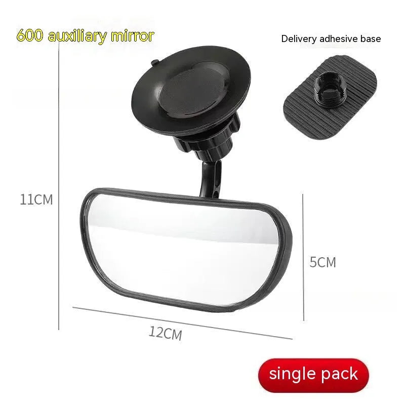 Black universal car rearview mirror with 360-degree rotation showing suction cup mounting option