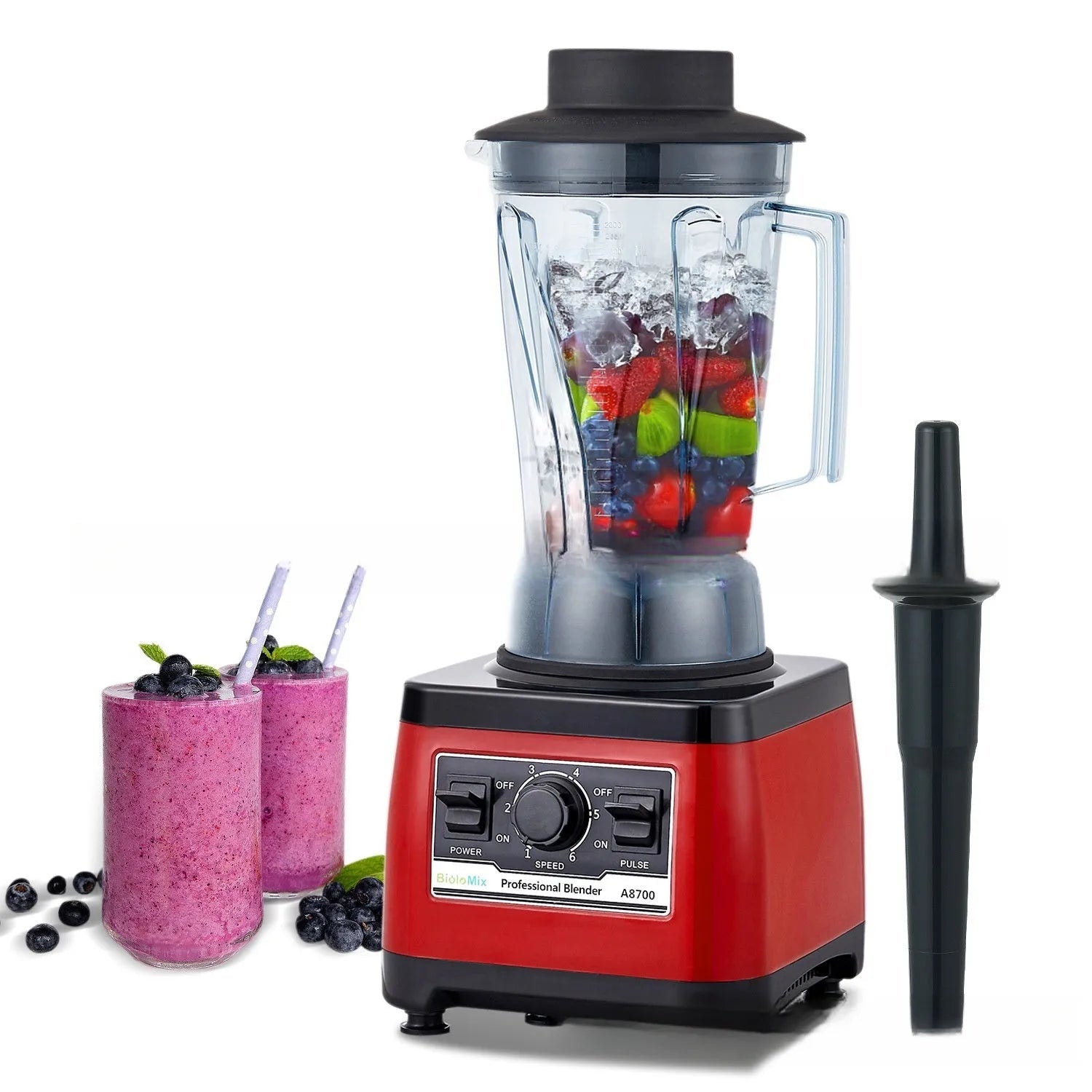 Red commercial blender model A8700 with 2200W power and 2L capacity jug