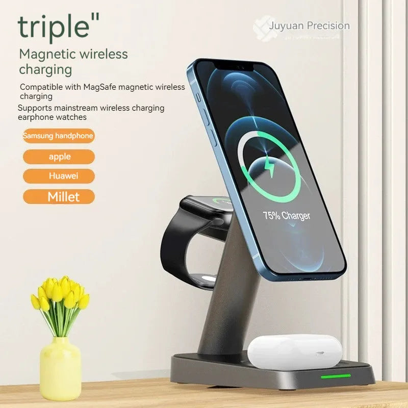 Black cube-shaped wireless charging station with vertical phone slot and multiple charging pads