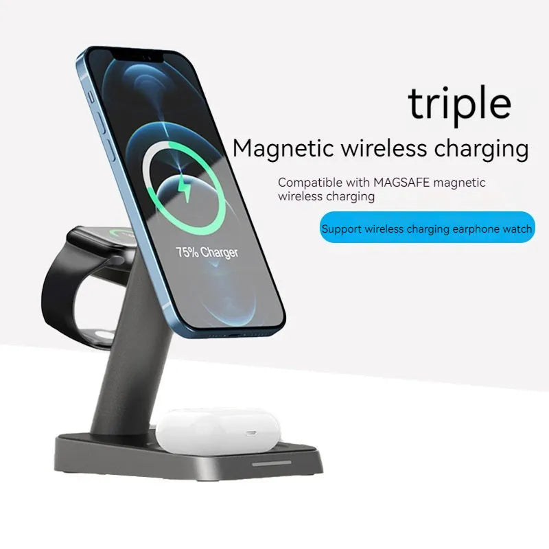Black cube-shaped wireless charging station with vertical phone slot and multiple charging pads