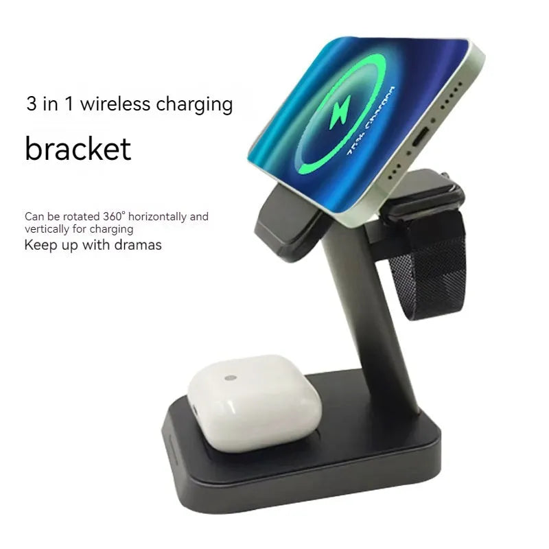 Black cube-shaped wireless charging station with vertical phone slot and multiple charging pads