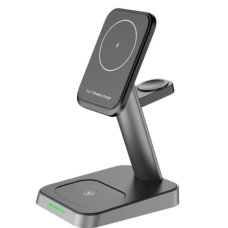 Black cube-shaped wireless charging station with vertical phone slot and multiple charging pads
