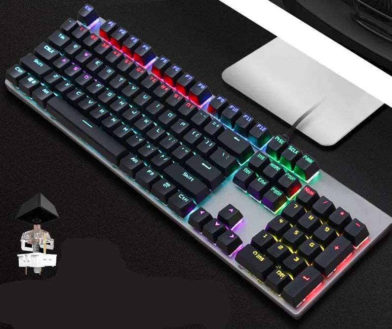 AOC GK410 wired mechanical keyboard with green switches and black keycaps on a desk, showing metal frame and USB cable.