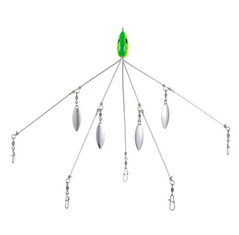 Bassdash umbrella fishing lure rig with 5 swivels and rotating metal sequins in green colour