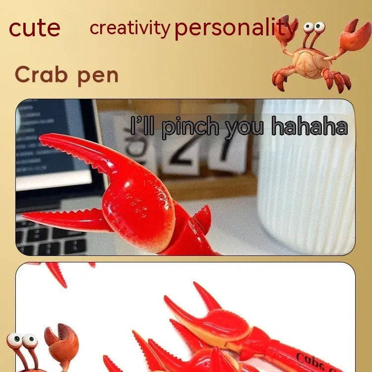 A ballpoint pen with a unique metal crab-shaped clip on its cap.