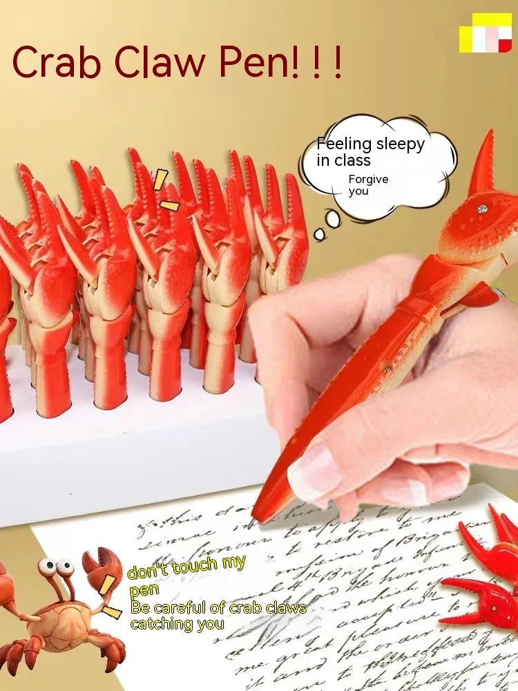 A ballpoint pen with a unique metal crab-shaped clip on its cap.