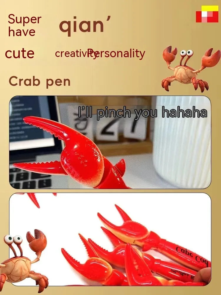 A ballpoint pen with a unique metal crab-shaped clip on its cap.