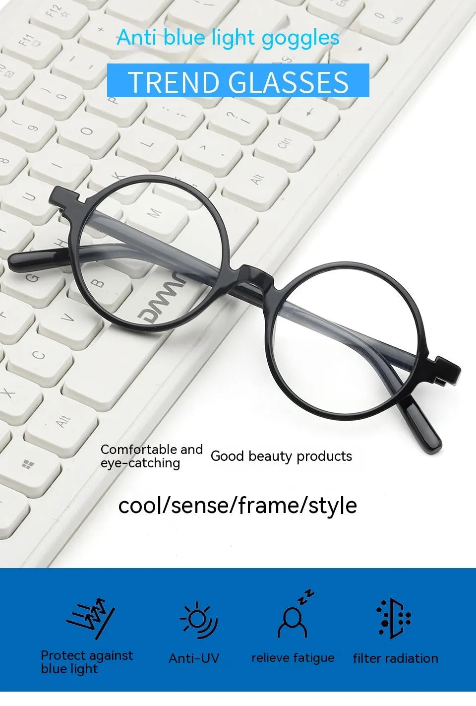 Retro round flat mirror glasses with PC frame in four colour options for Instagram style fashion