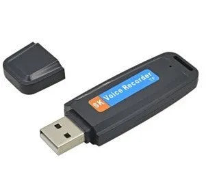 Black and white USB flash drive with voice playback function showing dimensions of 70mm length